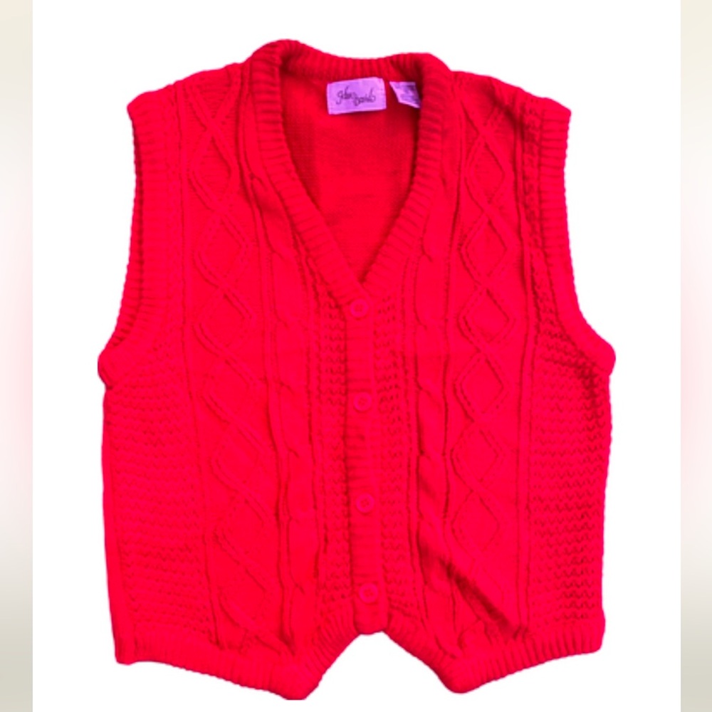 Vintage Bright Red Cable Knit Sweater Vest Button Up V Neck